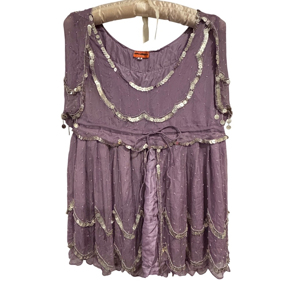 Nanette Lepore Purple 100% Silk Sequin Embellished Tiered festival  Blouse S